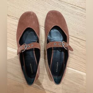Reformation Bethany Walnut Brown Suede Mary Jane Ballet Flats with Buckle